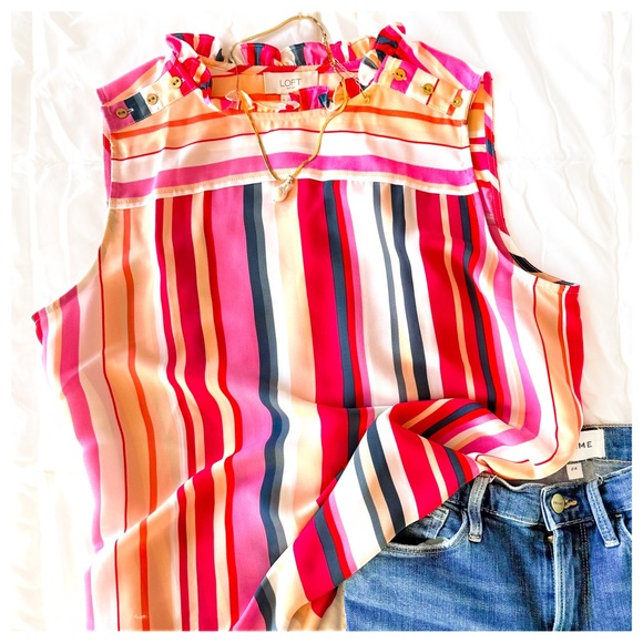 LOFT Tops - LOFT Candy Stripe Ruffle Neck Sleeveless Blouse